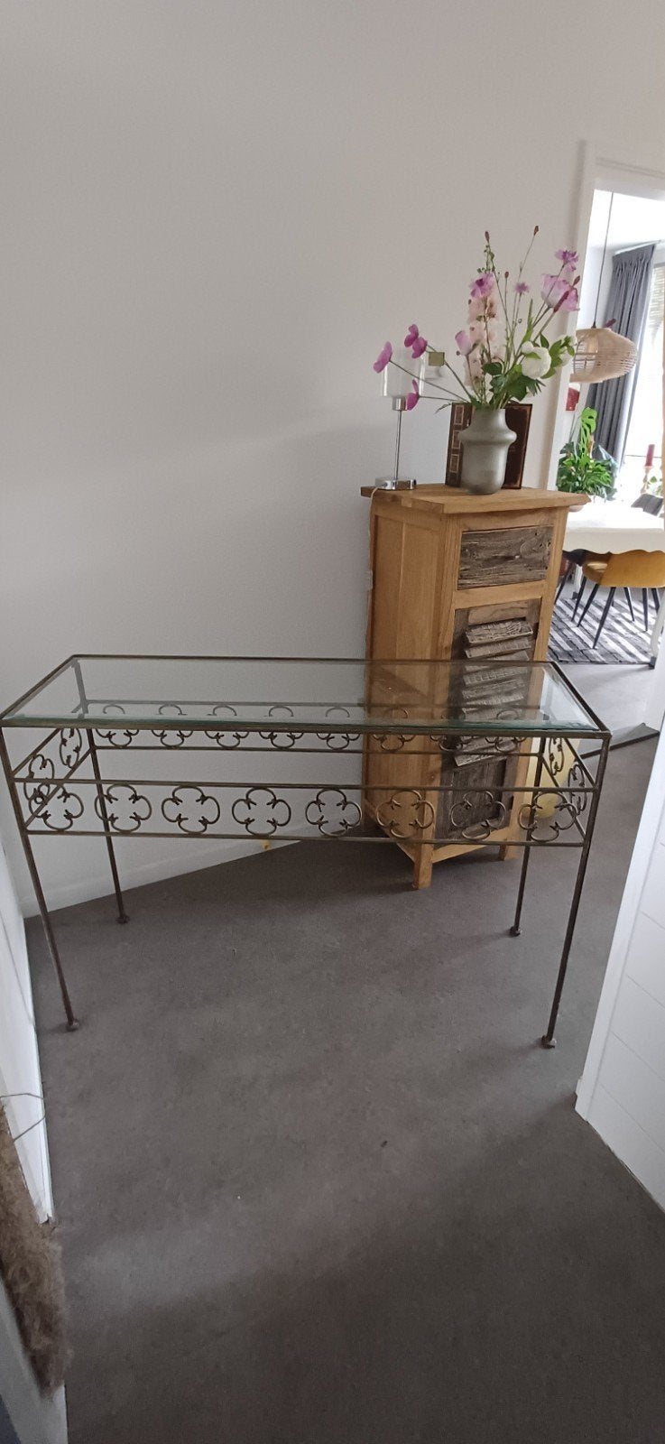 sidetable 120x40x85h, Ophalen, 100 tot 150 cm, Zo goed als nieuw, Glas