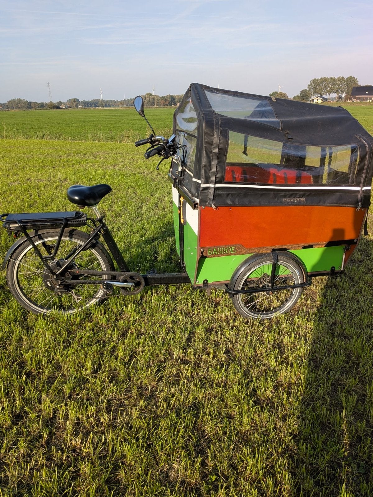 Babboe bakfiets max E met huif en zitjes, Ophalen, 4 kinderen of meer, Gebruikt, Huif
