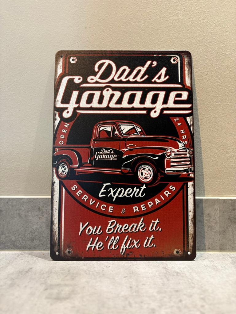 Mancave Bar Café Wanddecoraties metalen bordje Dad’s Garage, Ophalen of Verzenden, Zo goed als nieuw, Reclamebord