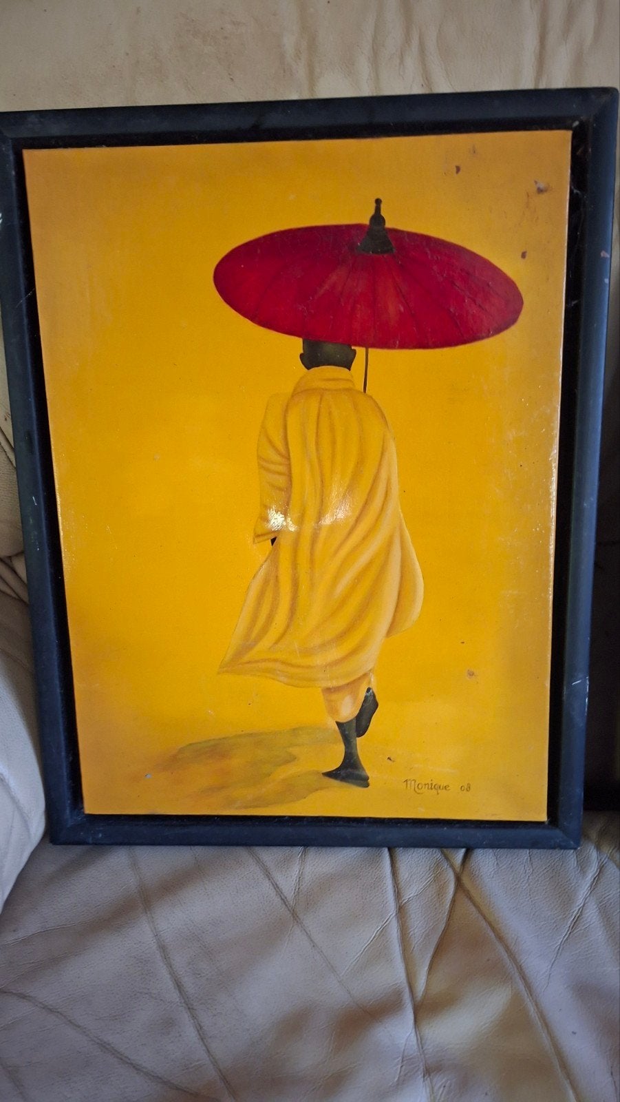 Twee schilderijen met monniken en parasols, gesigneerd, Doek, Portret of Personen, Realistisch, Ophalen of Verzenden