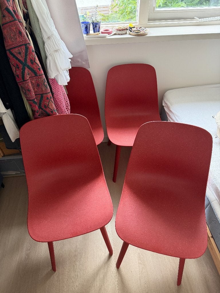 4 rode Odger stoelen Ikea, Huis en Inrichting, Stoelen, Ophalen, Kunststof, Zo goed als nieuw, Vier
