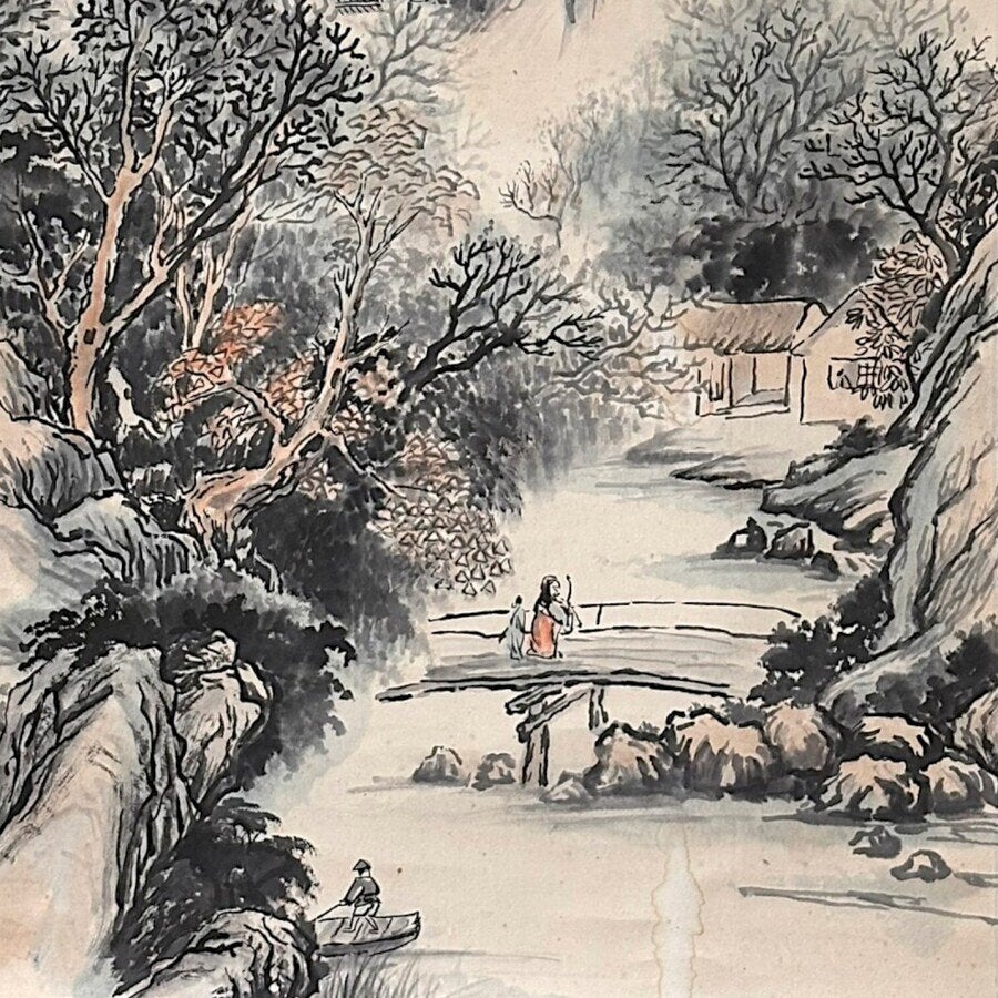 Chinese scroll, berglandschap met rivier, Antiek en Kunst, Ophalen of Verzenden