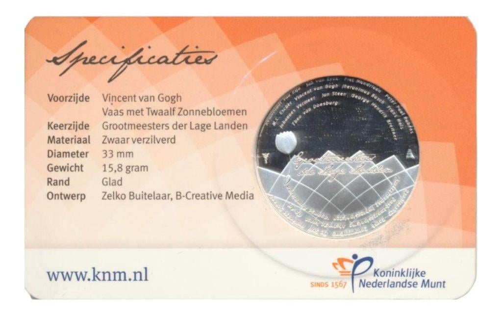 Nederland Vincent van Gogh-penning in kleur in coincard, Ophalen of Verzenden, Koningin Beatrix, Overige waardes, Losse munt