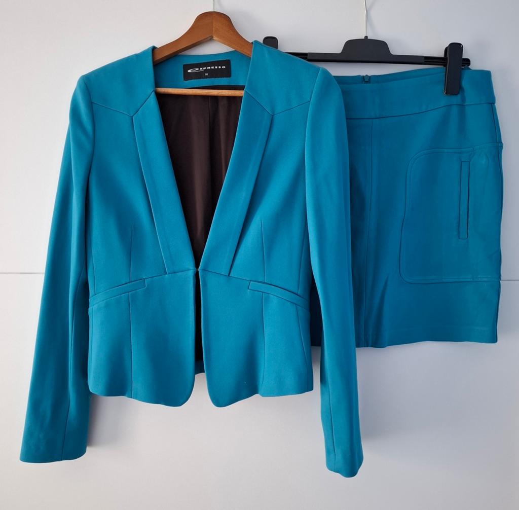 Mooie petrolblauwe blazer met rokje Expresso maat 38/40, Maat 38/40 (M), Kostuum of Pak, Ophalen of Verzenden, Zo goed als nieuw