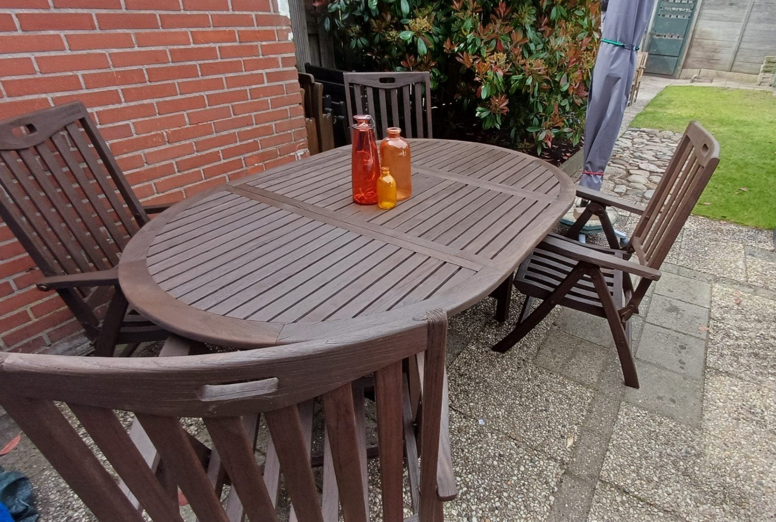 Houten tuinset met ovale tafel en 4 stoelen, 4 zitplaatsen, Gebruikt, Ophalen of Verzenden, Tuinset