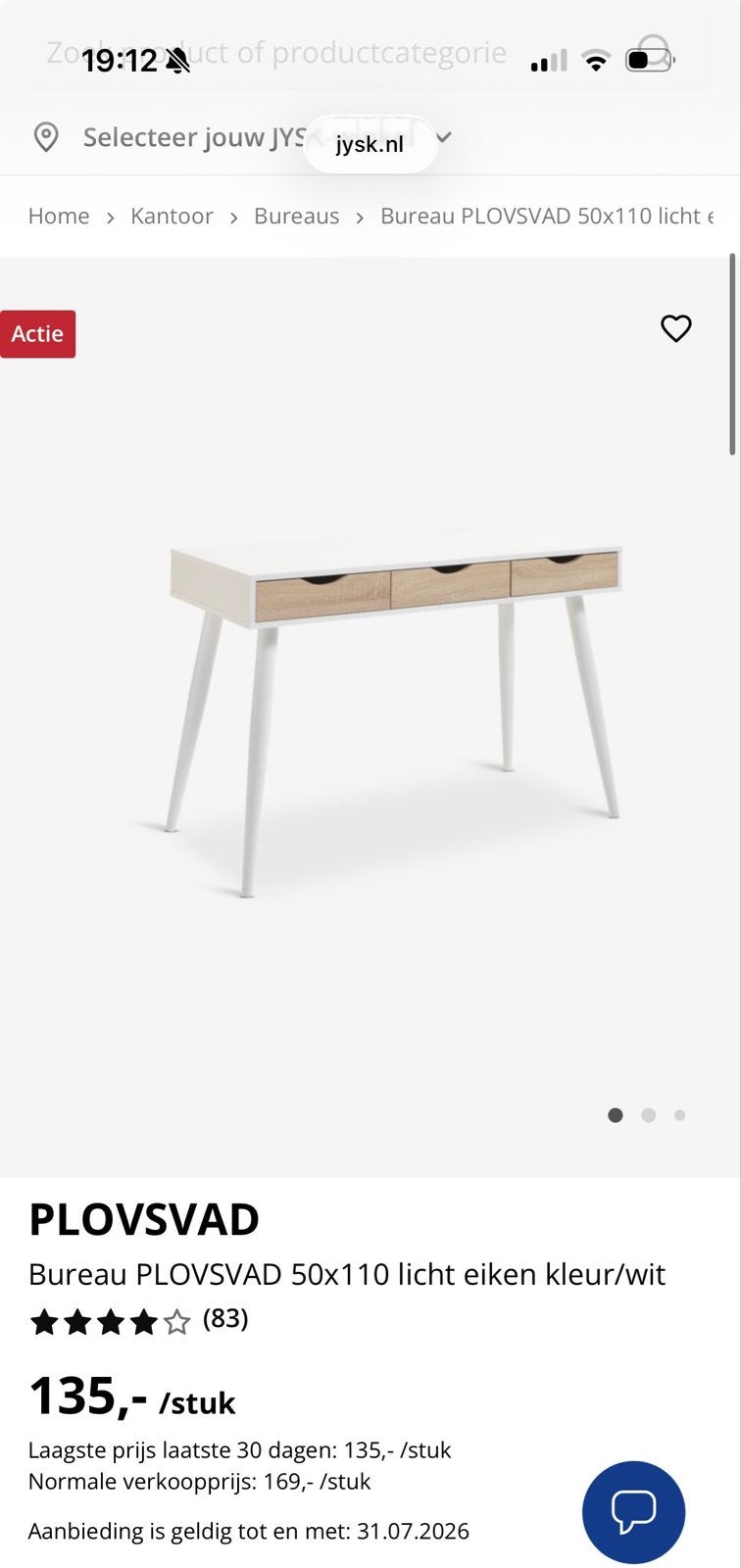 JYSK PLOVSVAD Bureau 50x110 licht eiken kleur/wit, Gebruikt, Met lades, Spaanplaat of MDF, Ophalen of Verzenden