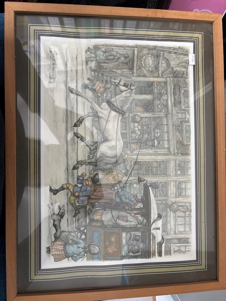Ingelijste Anton Pieck print - Koets in de stad, Ophalen of Verzenden