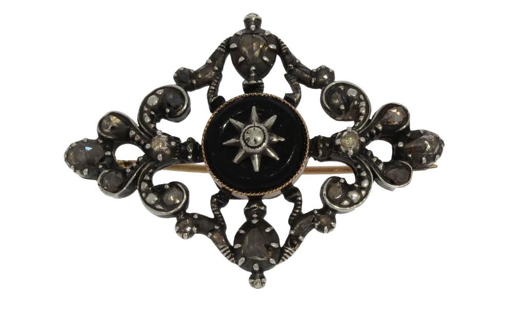 Diamanten antieke onyx broche goud zilver dames victoriaans, Verzenden, Goud, Broche, Met edelsteen