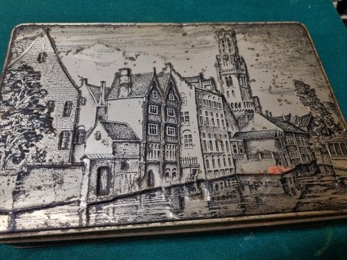 blik patria met gebouwen oud blik, Ophalen of Verzenden