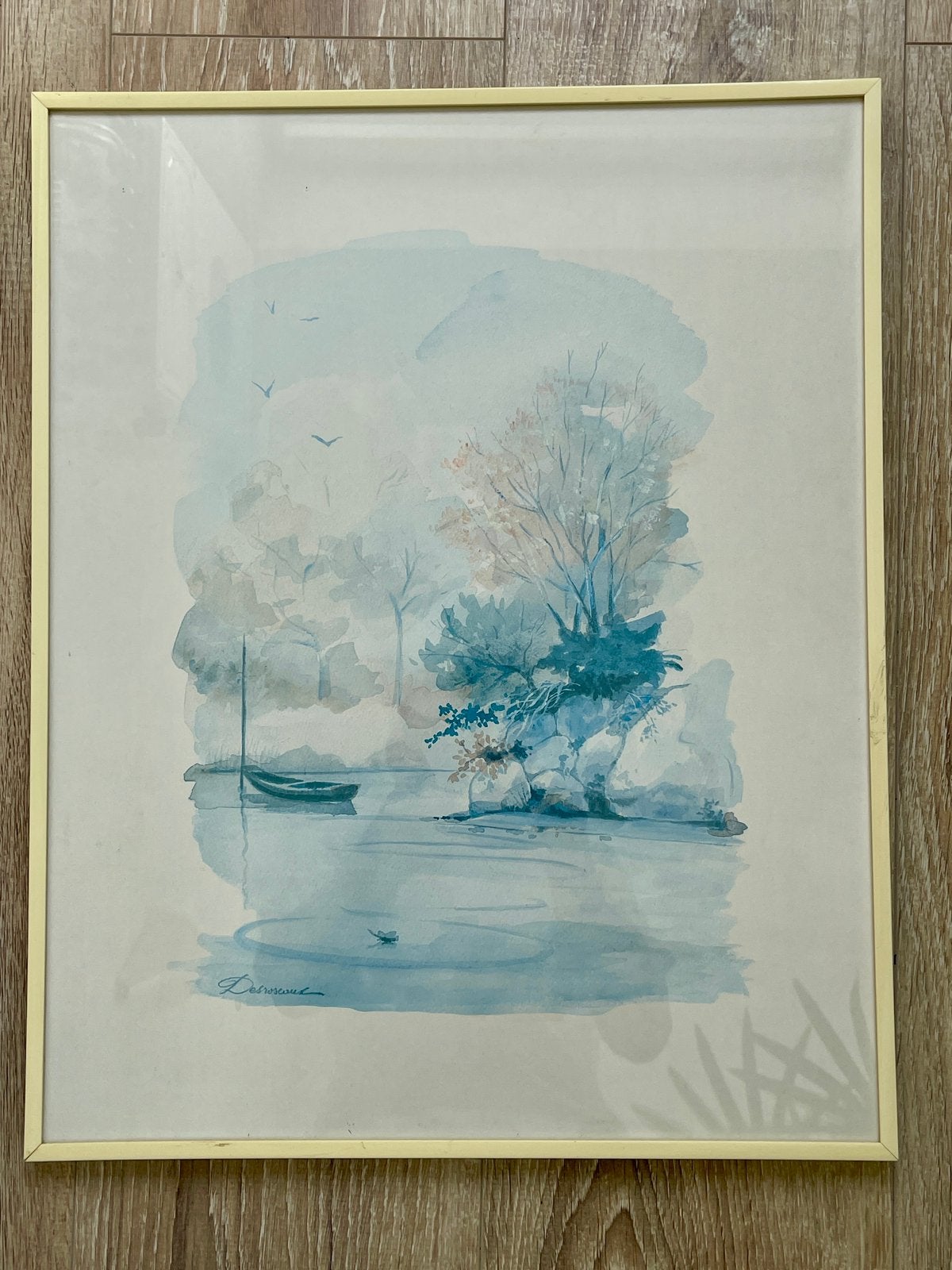 Schilderij: Aquarel Landschap met Bootje en Bomen, Realistisch, Ophalen of Verzenden, Gesigneerd, Landschap