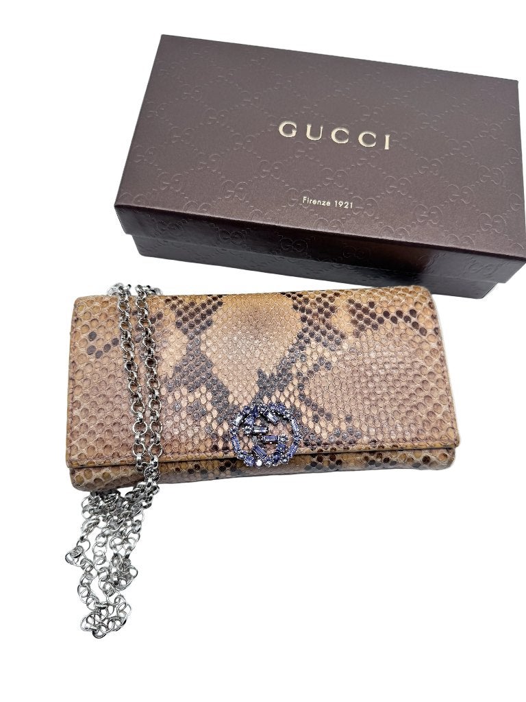 Gucci Genuine Python Wallet with Crossbody Chain, Ophalen of Verzenden, Zo goed als nieuw, Bruin, Schoudertasje