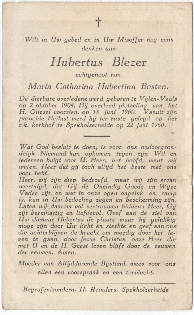 Hubertus Blezer 1904 Vijlen-Vaals + 1960 Spekholzerheide, Verzenden