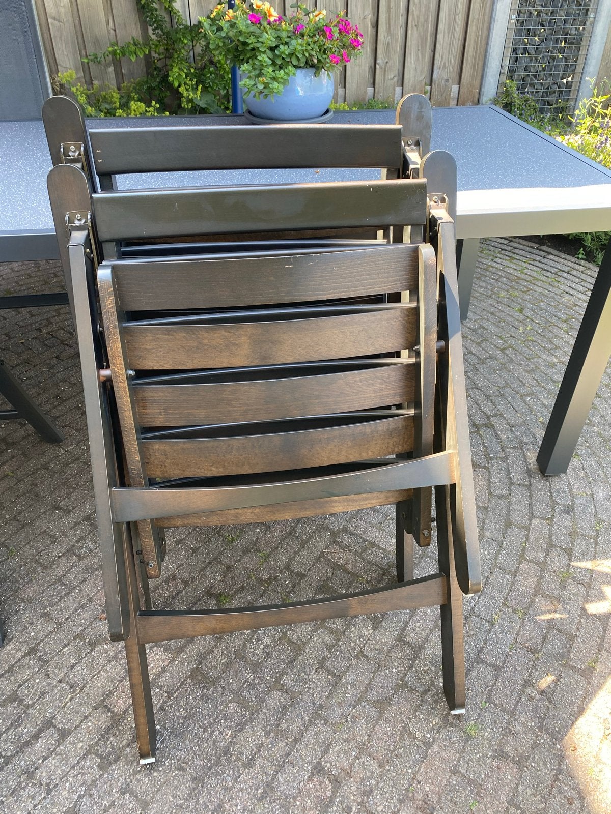 4 Verstelbare houten tuinstoelen - Donkerbruin, Ophalen of Verzenden, Gebruikt, Hout, Inklapbaar