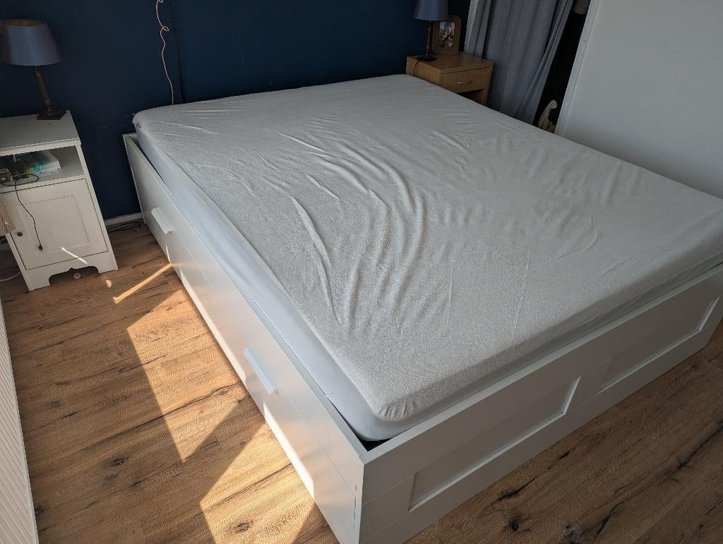 Brimmes bed met lades ikea 160x200, Ophalen, Gebruikt, Wit, Tweepersoons