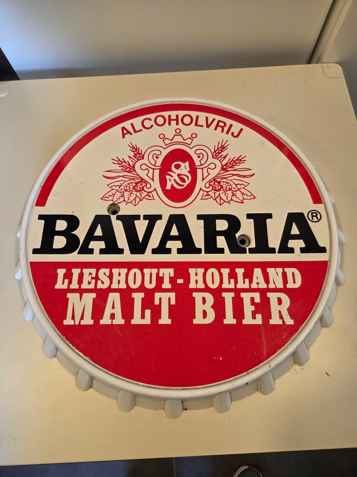 Vintage Bavaria Alcoholvrij Malt Bier Reclamebord, Ophalen, Gebruikt, Reclamebord