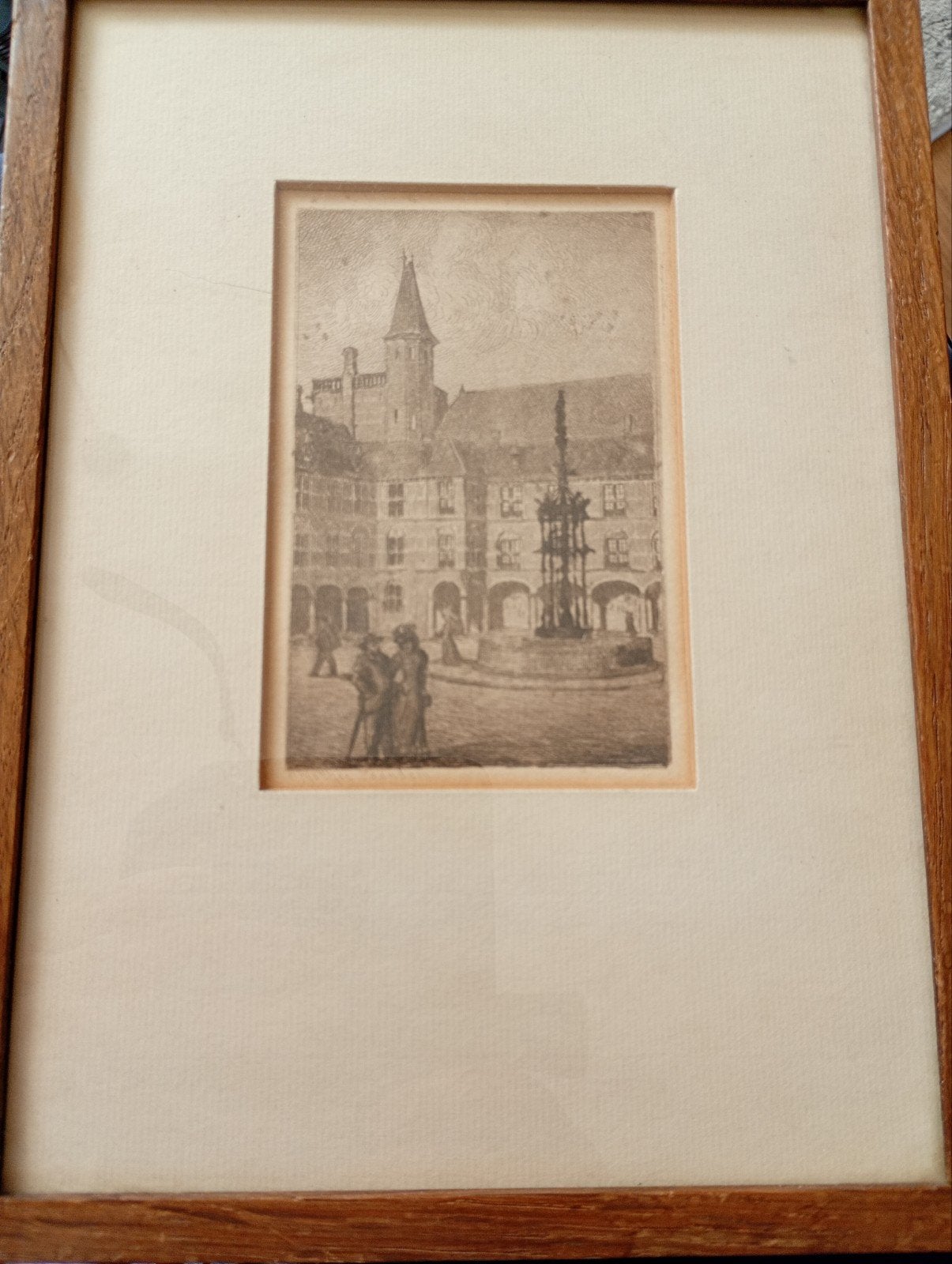 Originele ets Binnenhof Den Haag door Oskar Paul Mattheus, Antiek en Kunst, Ets, Stadsgezicht, Ingelijst, Ophalen of Verzenden