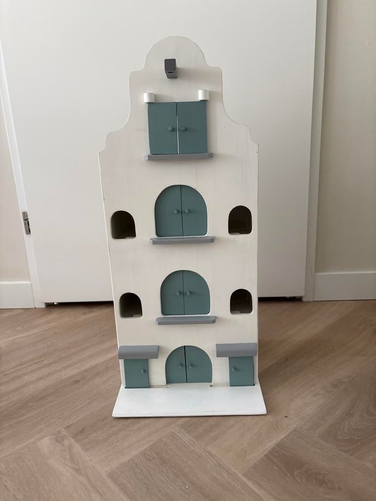 Houten Poppenhuis Grachtenpand - Wit/groen, Kinderen en Baby's, Speelgoed | Poppenhuizen, Ophalen, Gebruikt, Poppenhuis