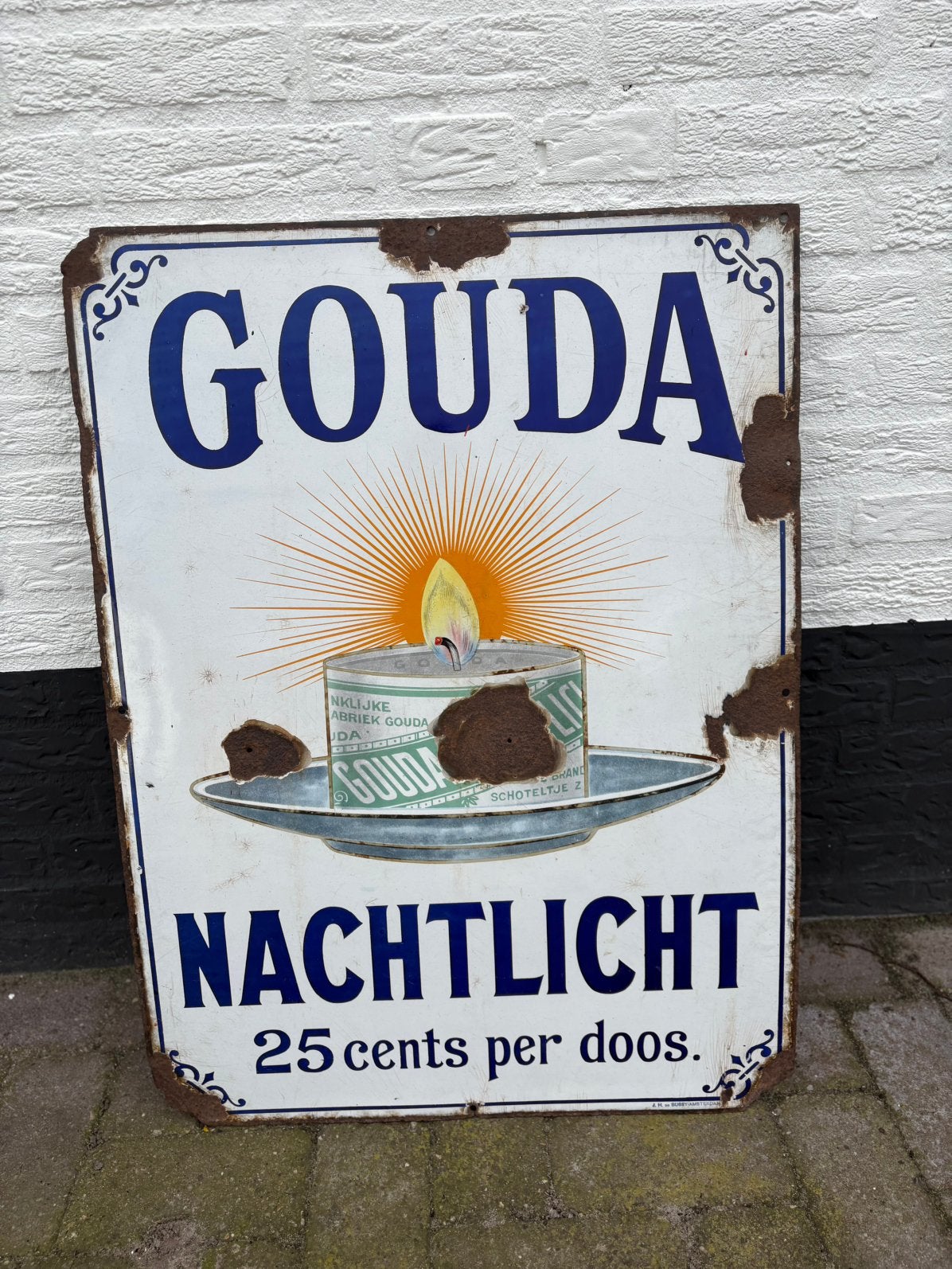 Gouda nachtlicht Emaille reclamebord, Ophalen of Verzenden, Gebruikt, Reclamebord