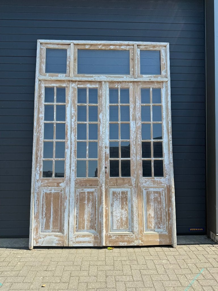 Antieke 4-slag oranjerie deuren met bovenlicht en patina, Ophalen of Verzenden, Zo goed als nieuw, Hout