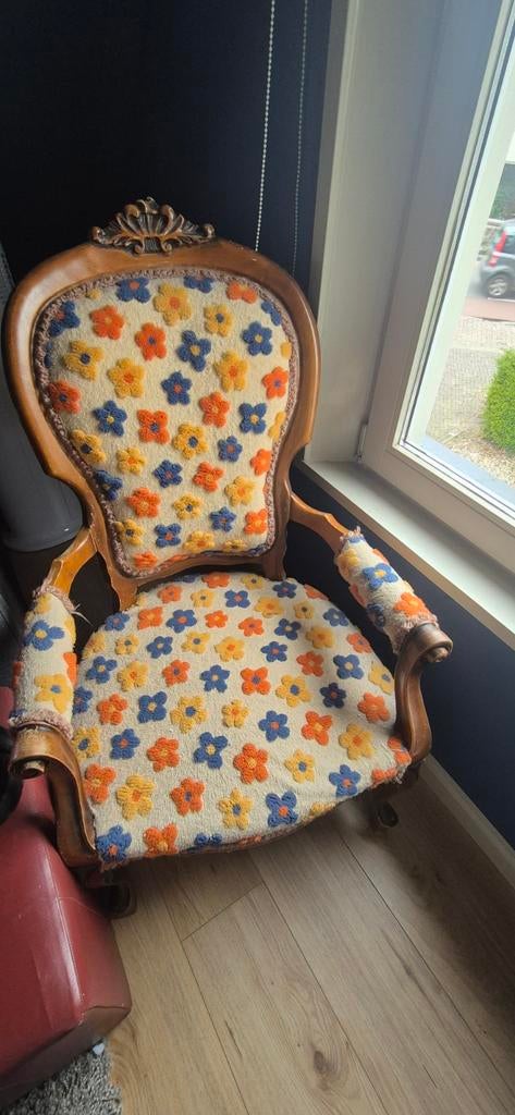 Vintage voltaire fauteuil met bloemmotief, Ophalen, Gebruikt, Minder dan 75 cm, Stof