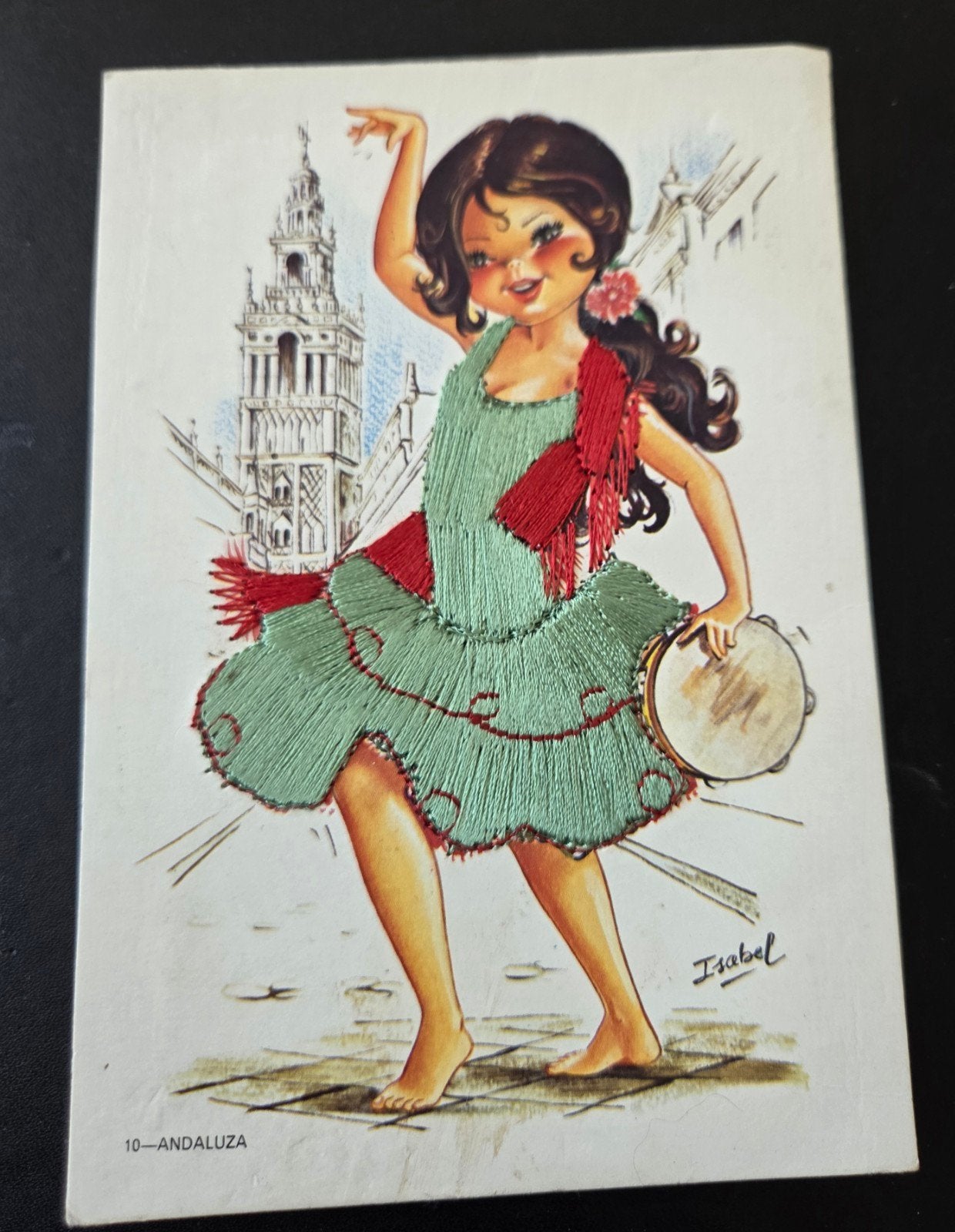Spaanse Danseres Isabel - Andaluzia - borduursel, Verzamelen, Ansichtkaarten | Themakaarten, Verzenden, 1940 tot 1960, Gelopen