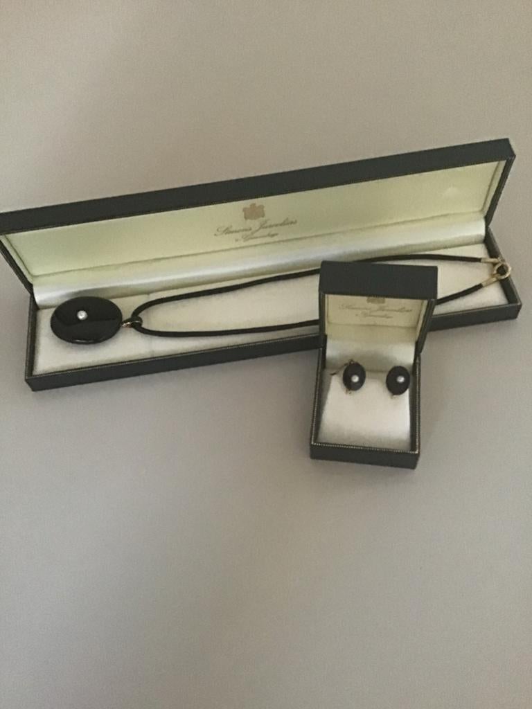 Antieke Gouden Oorbellen & Medaillon met Onyx en Parels, Ophalen, Goud