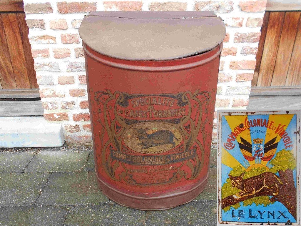 19de eeuws koffieblik (koloniale compagnie Le Lynx), Ophalen, Gebruikt, Koffie