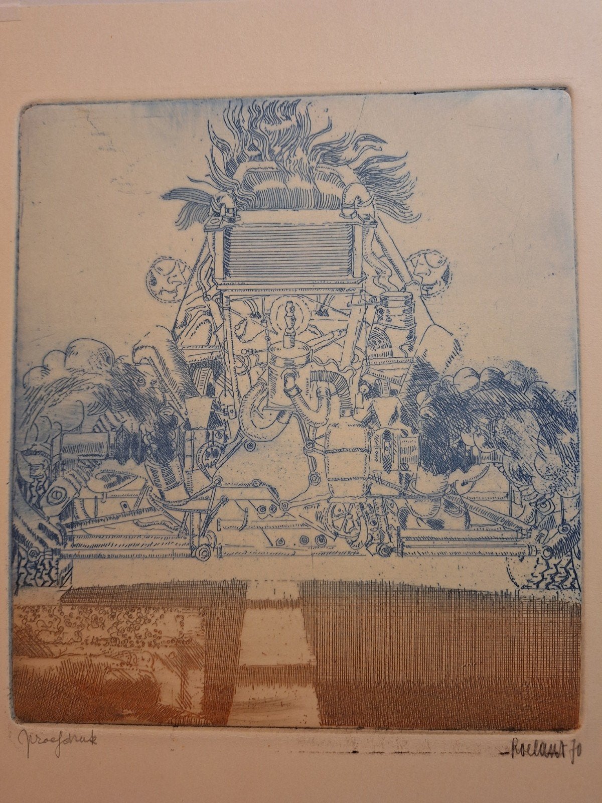 Ets van Roeland, gesigneerd en  '70, Ophalen of Verzenden, Ets, Gesigneerd, 1950 - 1999