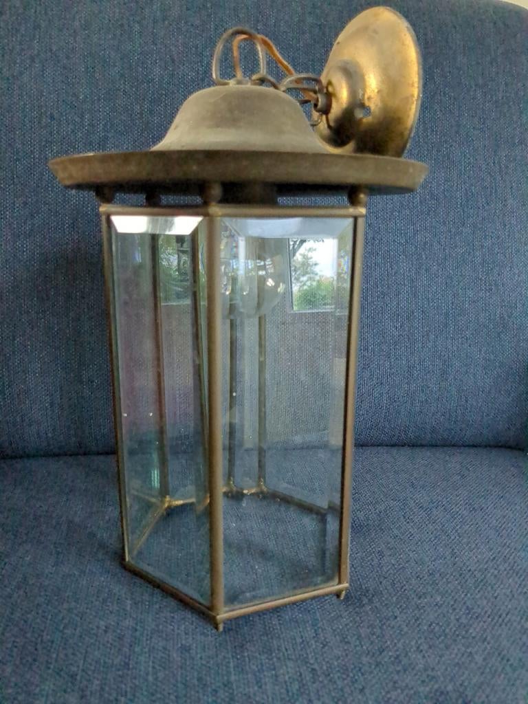 Antieke lantaarn met facetglas, messing, 39cm hoog, Ophalen