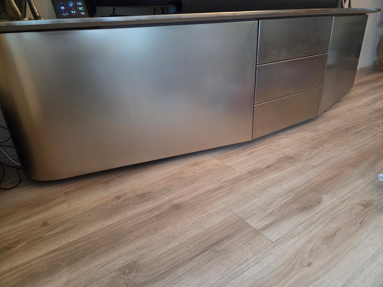 TV-meubel met lades en opbergruimte, RVS, Ophalen, Gebruikt, 200 cm of meer, Glas