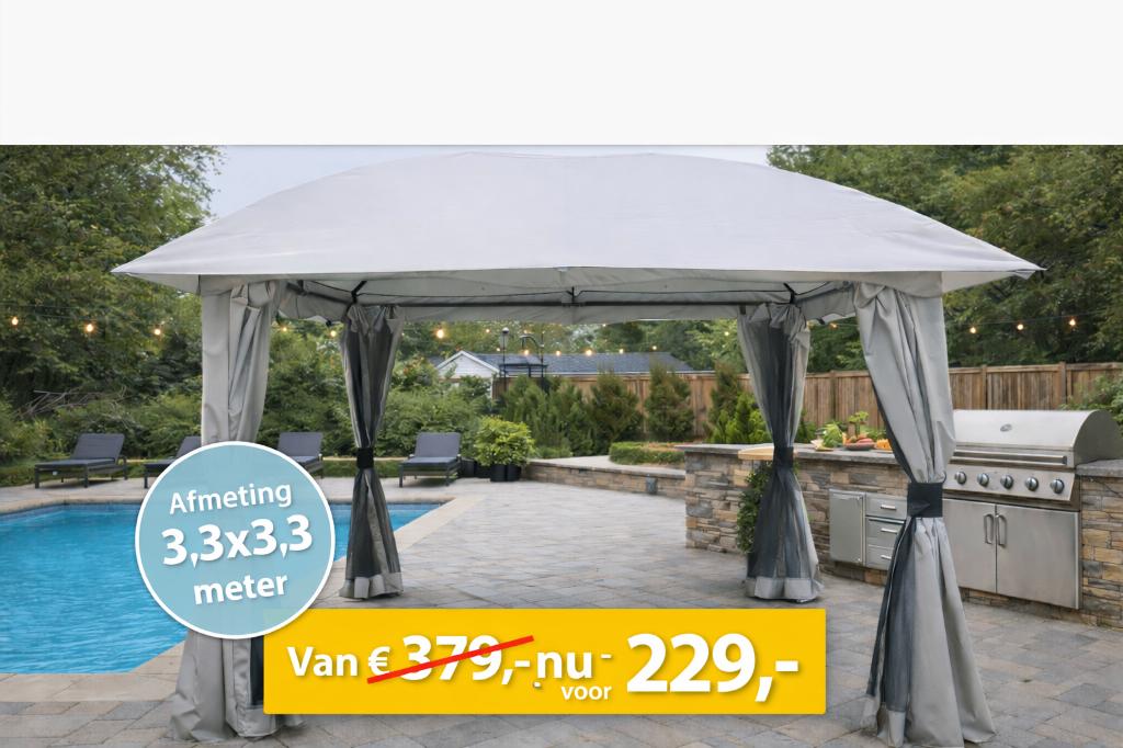 OUTLET! Tuinpaviljoen Lindo 3,5x3,5 Stone Grey, De Amert 152 5462GH Veghel, Grizzly Outdoor, Minder dan 4 meter, Nieuw