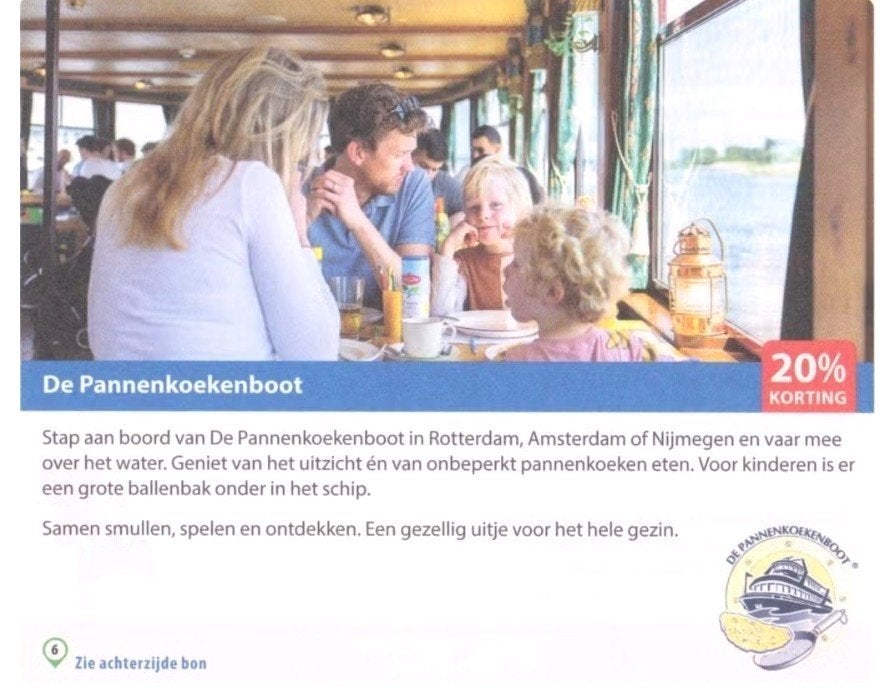 De Pannenkoekenboot Amsterdam-Nijmegen-Rotterdam 20% kort., Tickets en Kaartjes, Drie personen of meer, Kortingsbon, Overige typen