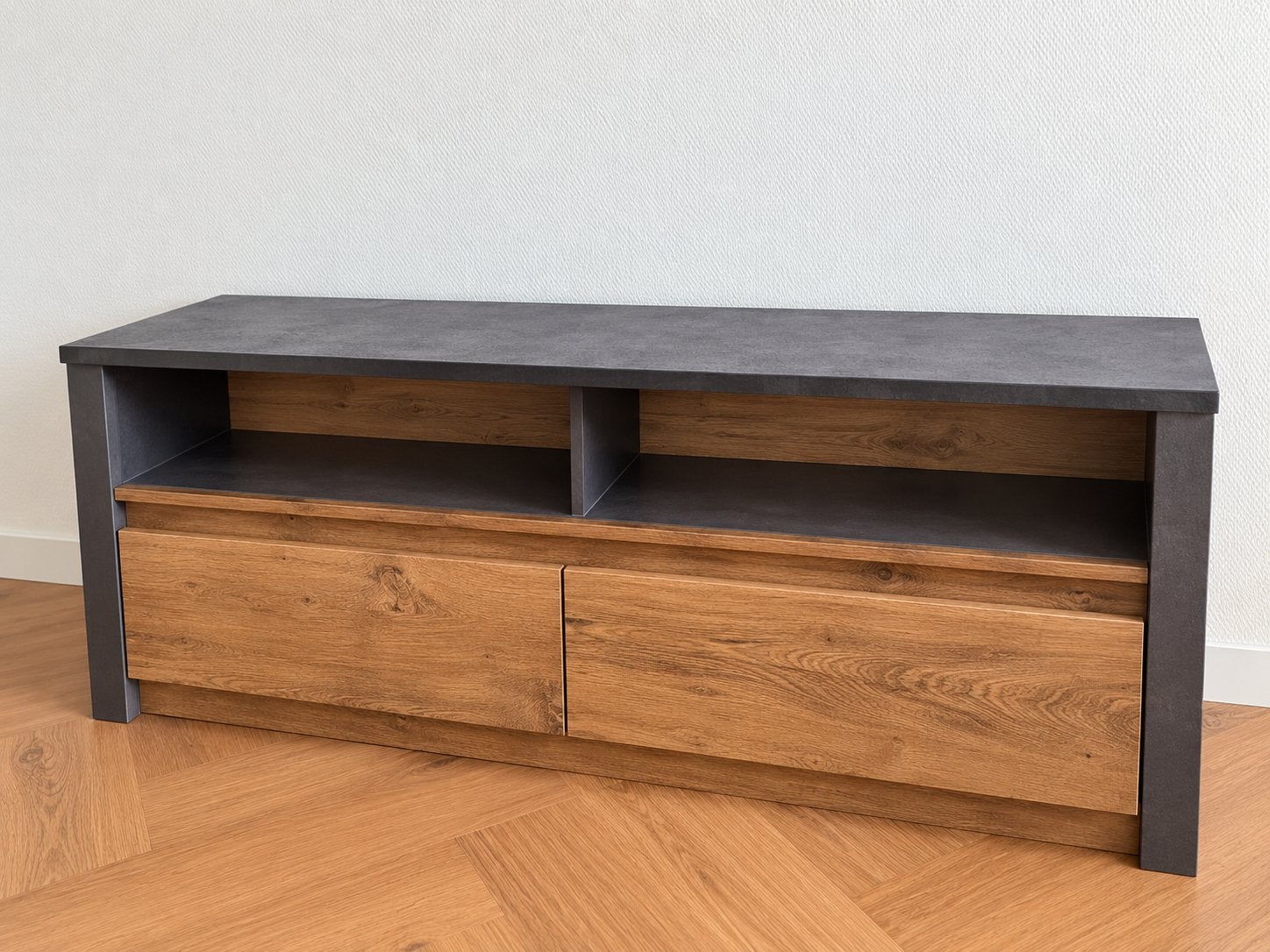 TV-meubel – eiken/grijs – 130 cm, Huis en Inrichting, 100 tot 150 cm, Eikenhout, Ophalen of Verzenden, Zo goed als nieuw