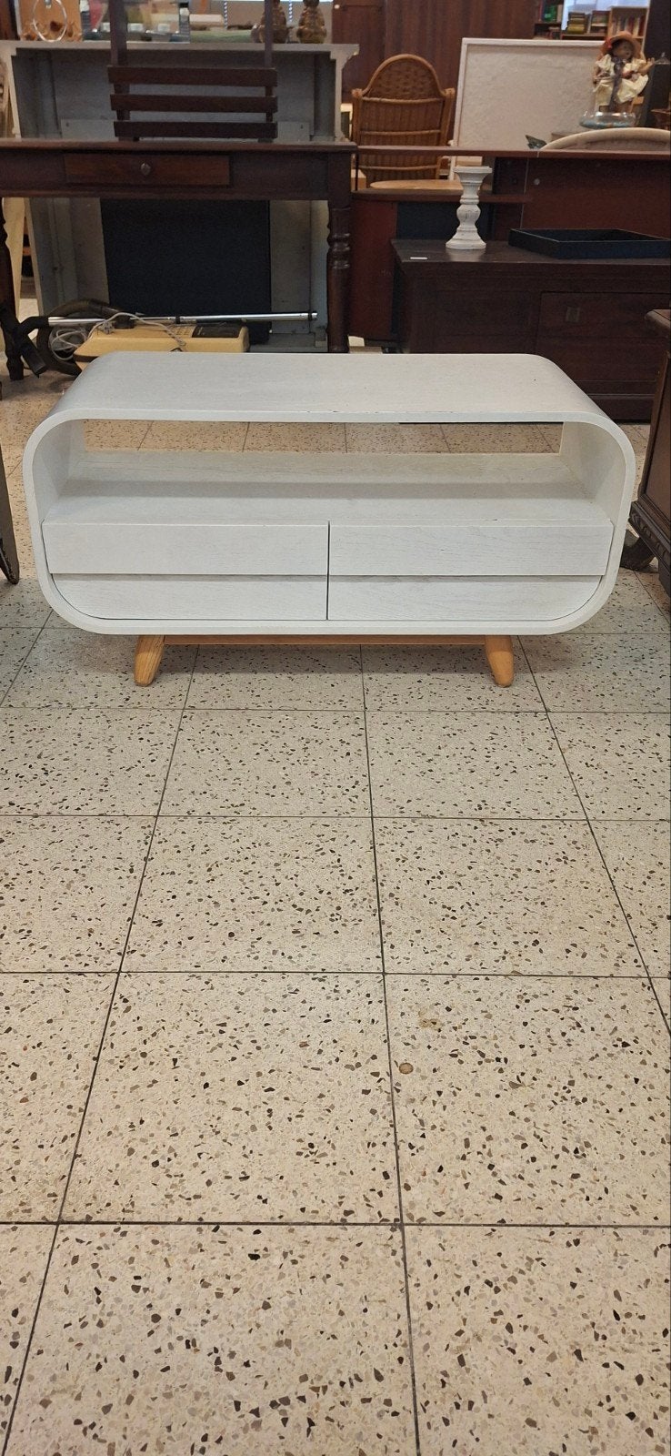 Stijlvolle vintage witte tv-meubel met twee lades, Ophalen, Gebruikt, 100 tot 150 cm, Modern, Afgerond, Scandinavisch