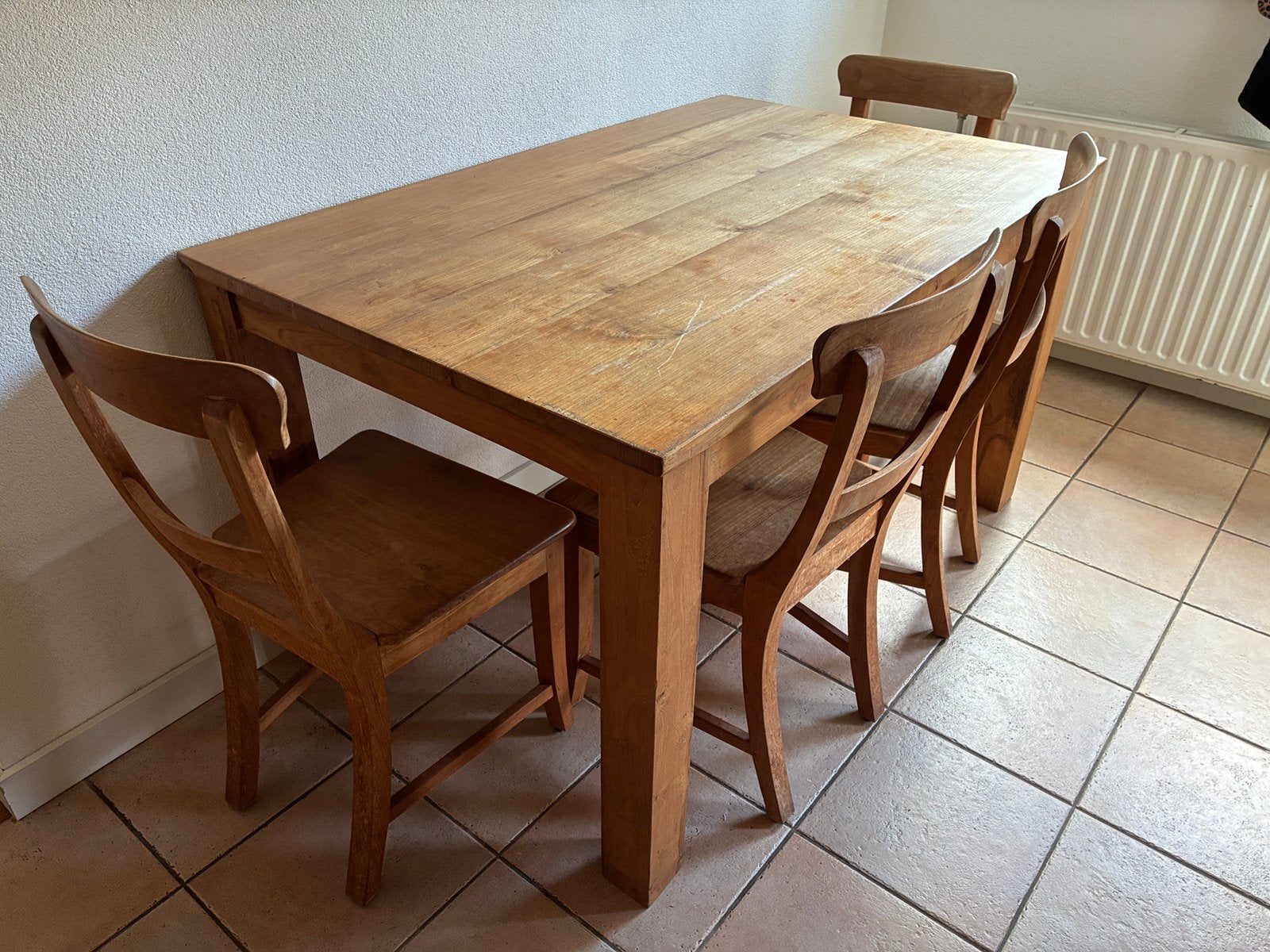 Indonesische teak eetset – tafel en 4 stoelen – massief teak, Ophalen, Gebruikt, Indonesische teak, 4 tot 6 stoelen