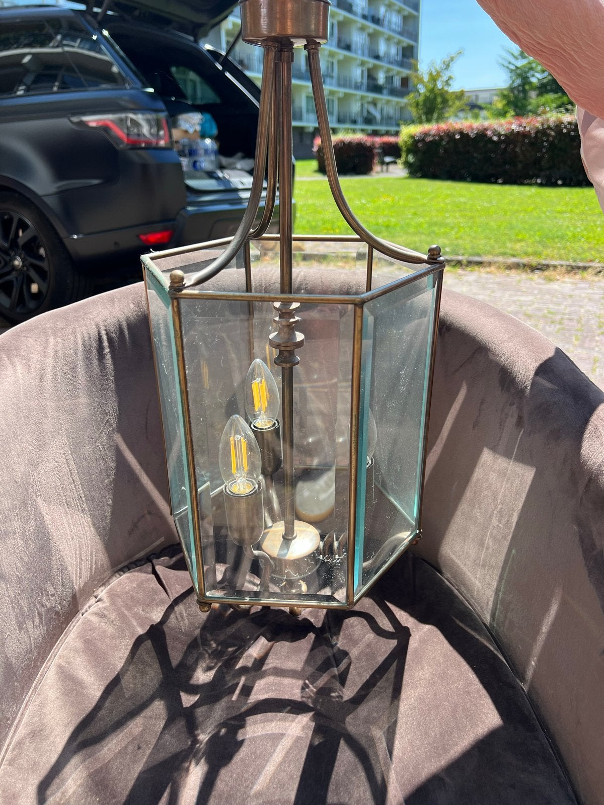 Stijlvolle hallamp met glas en metaal, Ophalen, Gebruikt, Glas, E14 (klein)