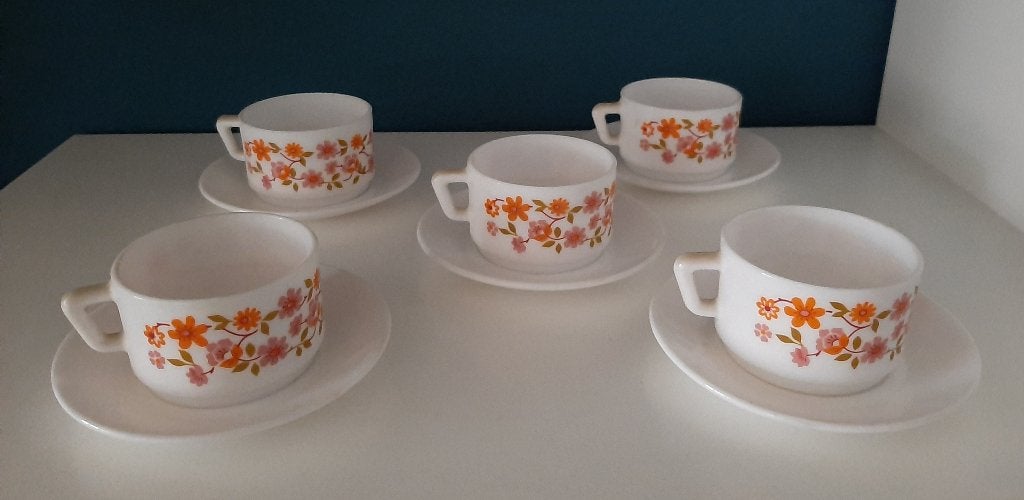 Vijf Arcopal Scania retro kop en schotels, Ophalen of Verzenden, Overige stijlen, Kop(pen) en/of Schotel(s), Glas