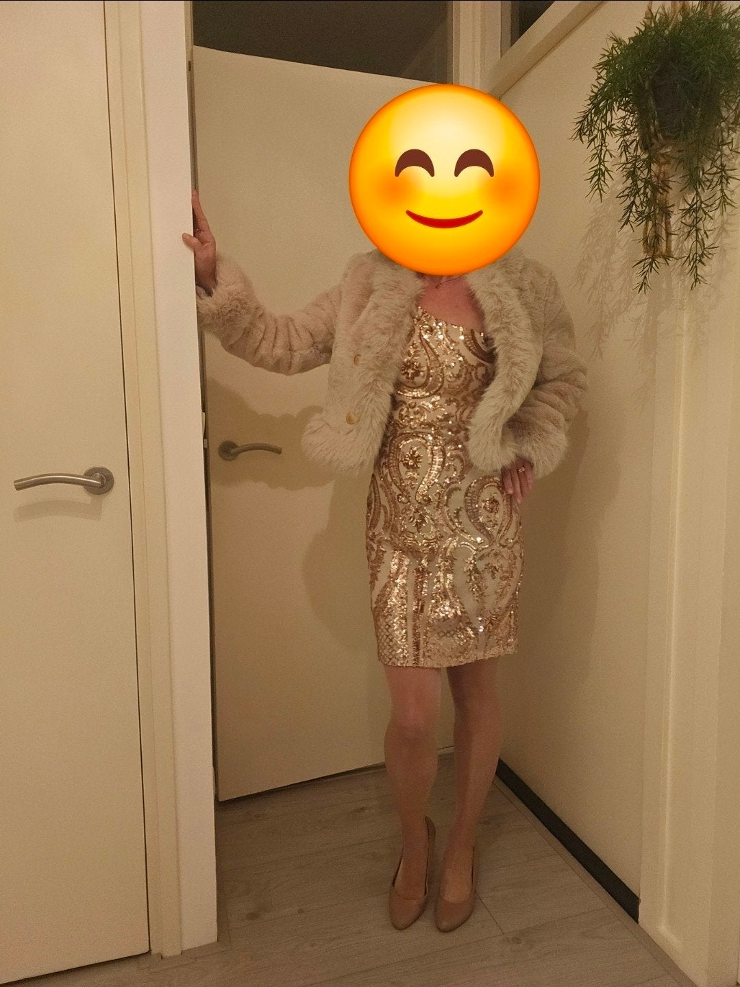 Rosé Goud Glitter Cocktailjurk + Bontjasje + Clutch - maat S, Kleding | Dames, Gelegenheidskleding, Overige kleuren, Cocktailjurk