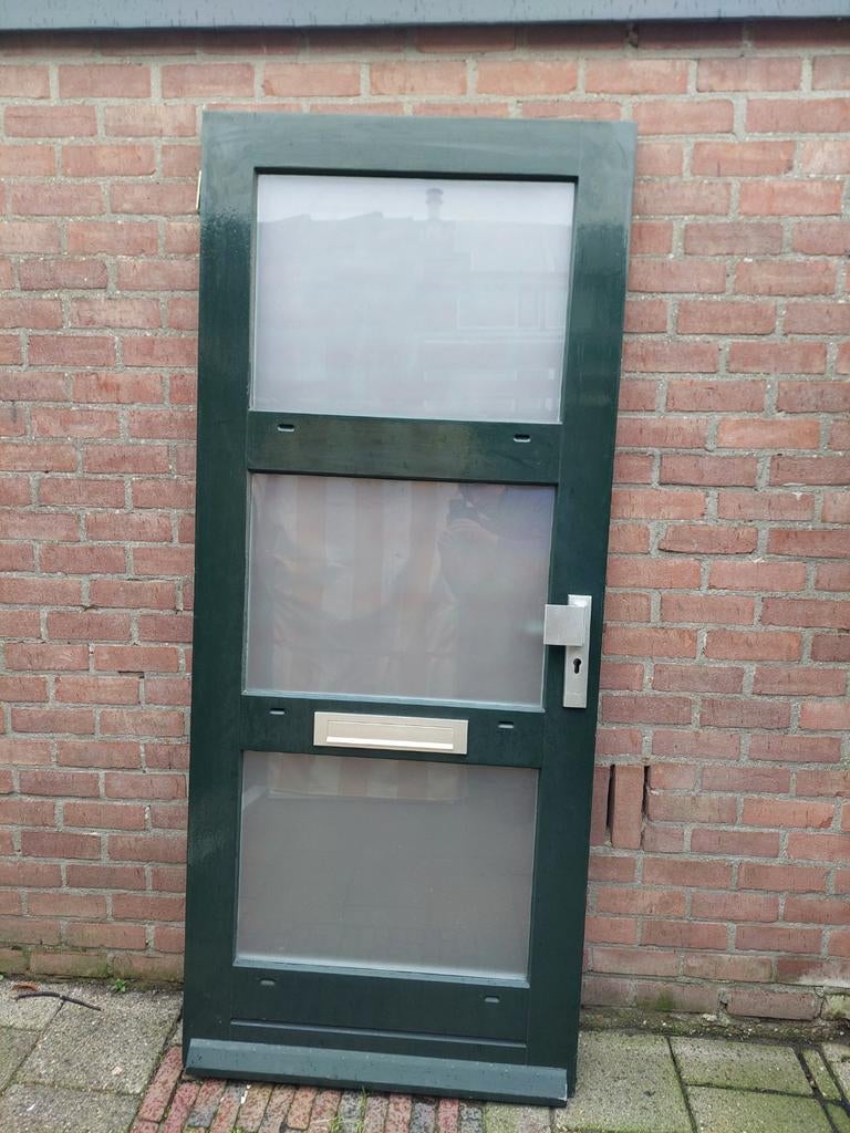 Hardhouten voordeur, Doe-het-zelf en Verbouw, Deuren en Horren, Gebruikt, Buitendeur, 200 tot 215 cm, 80 tot 100 cm, Glas, Hout