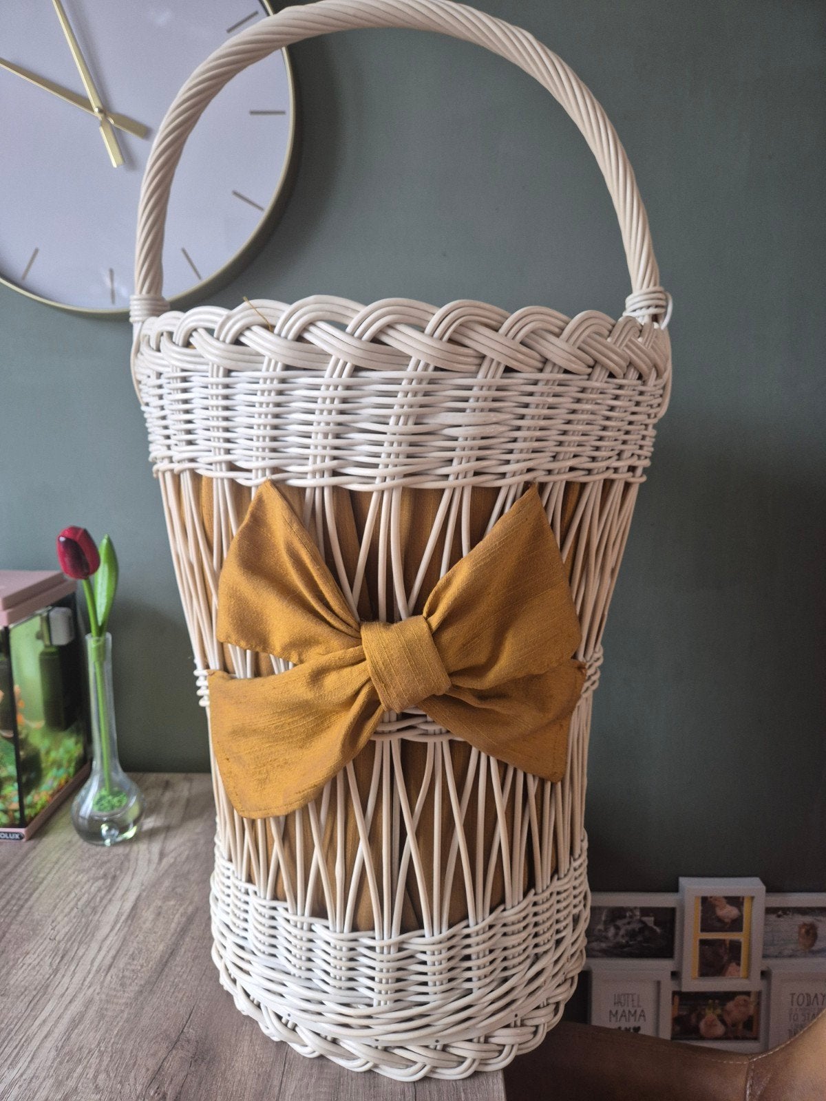 Luxe wasmand/opbergmand met okergele strik - Crème/beige, Ophalen