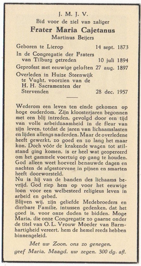 frater Martinus Beijers 1873 Lierop + 1957 Vught, 84 jaar, Verzenden