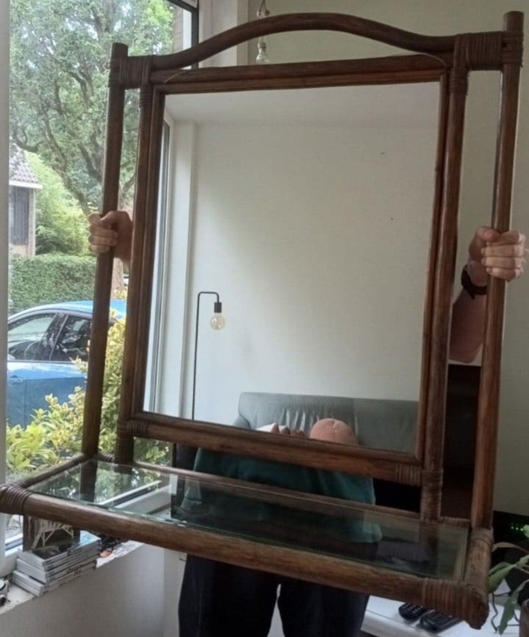 Bamboe rotan spiegel met glazen plank ideaal voor hal 115x84, Ophalen, Rechthoekig, 50 tot 100 cm, 100 tot 150 cm