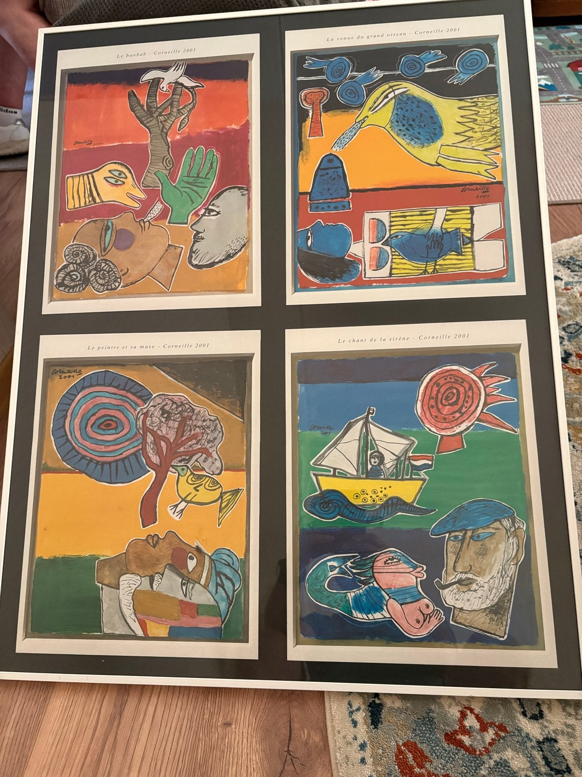 Corneille 2001 - Vier prachtige prints in 1 grote lijst, Ophalen, Abstract, Papier/karton, Ingelijst