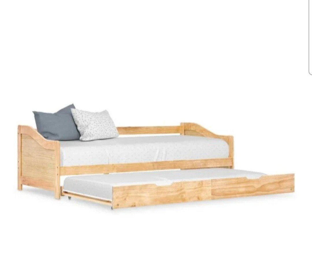 1 persoons bed 90 x 200, met onderschuifbed, hout, Huis en Inrichting, Ophalen, 90 cm, Eenpersoons, Bruin