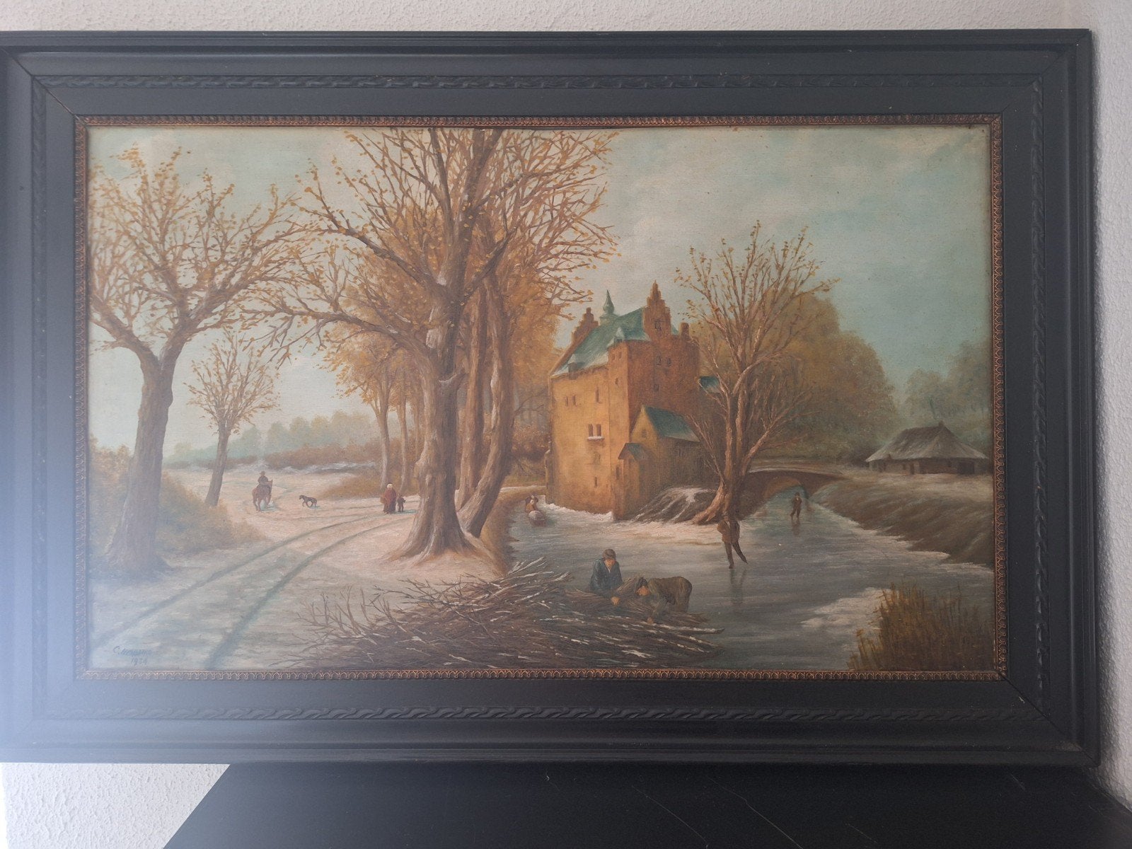 Winterlandschap met kasteel en schaatsers, gesigneerd 1934, Ophalen