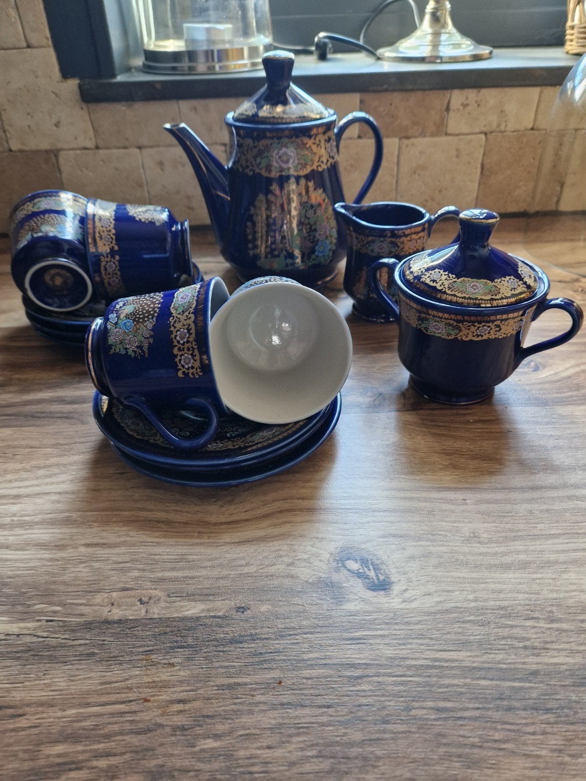 Vintage Chinees theeservies - Kobaltblauw met goud, Antiek en Kunst, Ophalen