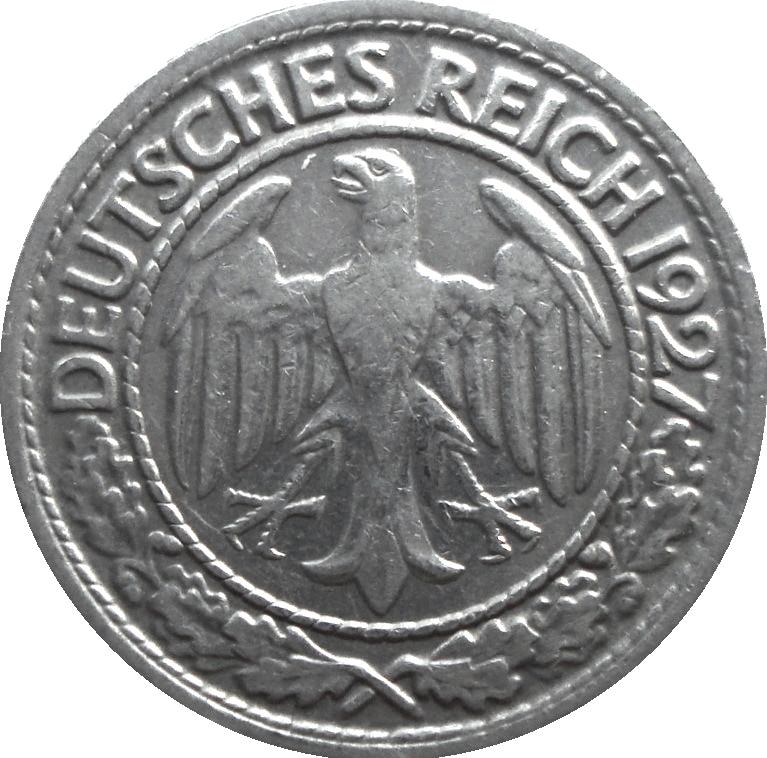 Duitsland - Duitse Rijk 50 reichspfennig 1927 (D), Postzegels en Munten, Munten | Europa | Niet-Euromunten, Ophalen of Verzenden
