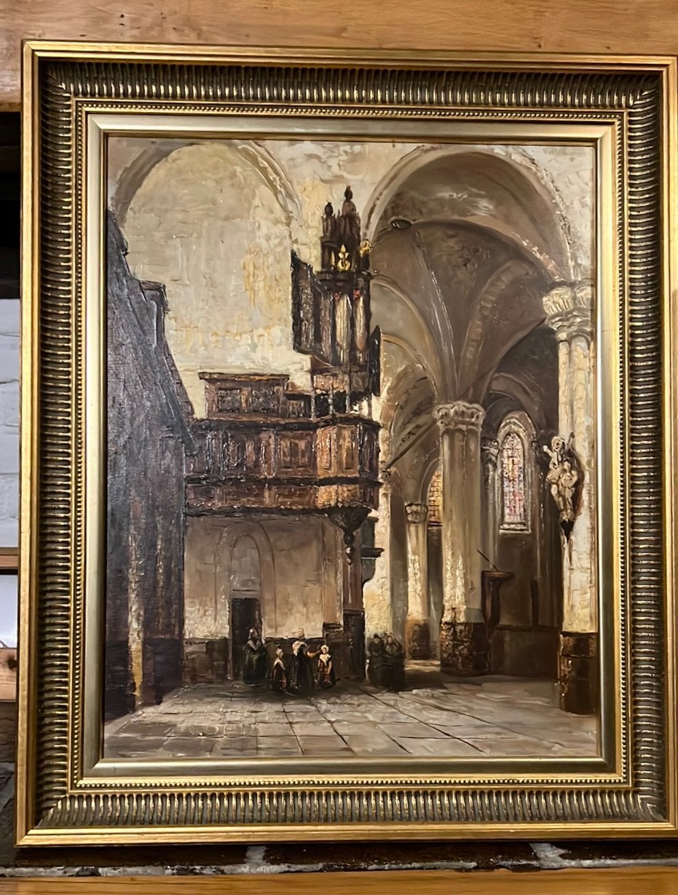 Olieverfschilderij Interieur Kerk met Figuren, Antiek en Kunst, Paneel, Ophalen of Verzenden, Olieverf, Klassiek