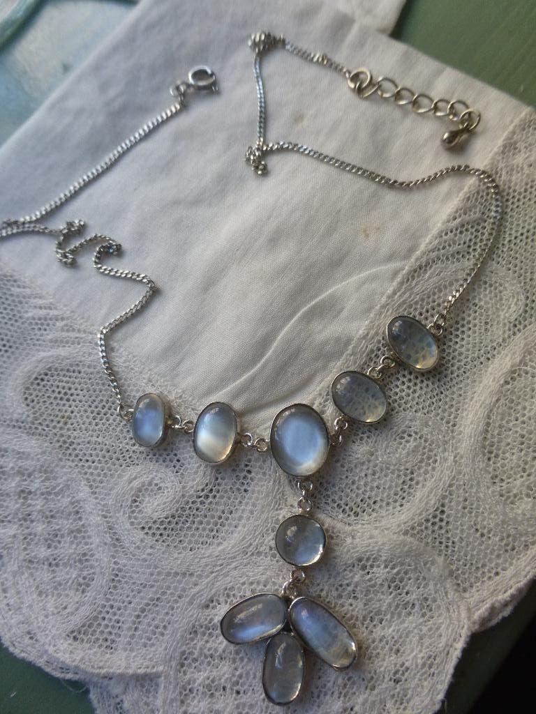 Zilveren Collier vaste Hanger MAANSTEEN / Biedermeier model, Verzenden, Zilver, Ketting, Met edelsteen