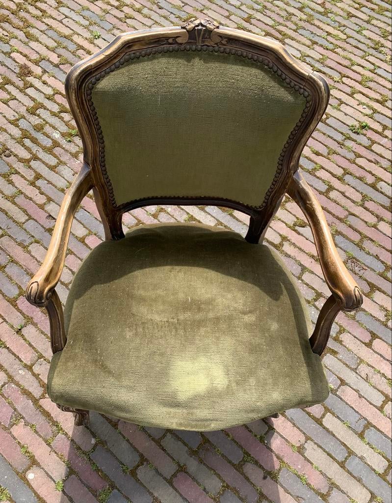 Antieke fauteuil met groene velours bekleding, Antiek en Kunst, Antiek | Meubels | Stoelen en Banken, Ophalen